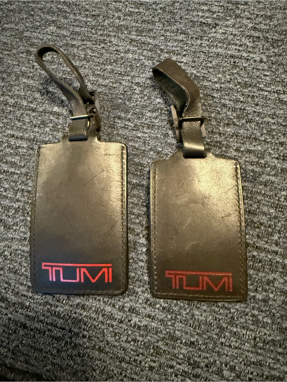 Tumi Black Leather Luggage Tags with Red Logo (Pair)